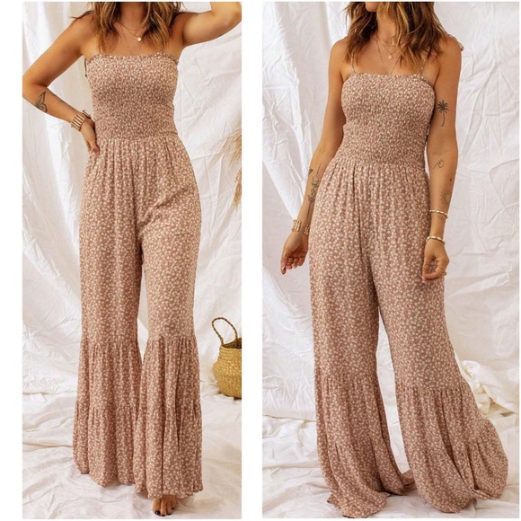 Boho Floral Print Shirred Bodice bell Bottom Cami Jumpsuit - Picture 2 of 8